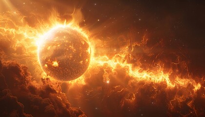 Obraz premium Fiery Cosmic Dance. A fiery cosmic dance unfolds as a massive star blazes with intensity, its fiery energy billowing outwards and illuminating the surrounding nebula.