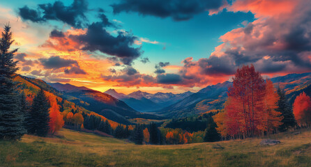 Blue sky view, white clouds, mountains, colorful trees, sunset