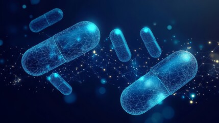 Medicine low poly wireframe vector banner template. With dark blue background. Low poly wireframe with lines, dots and glowing particles 