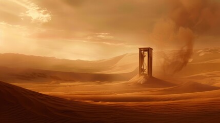A small hourglass stands in a vast desert landscape.