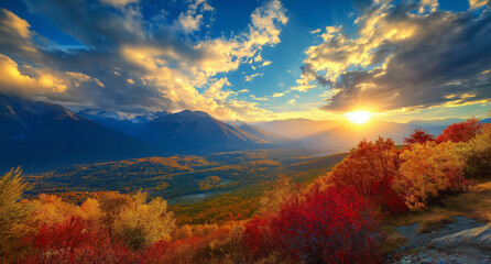 Blue sky view, white clouds, mountains, colorful trees, sunset