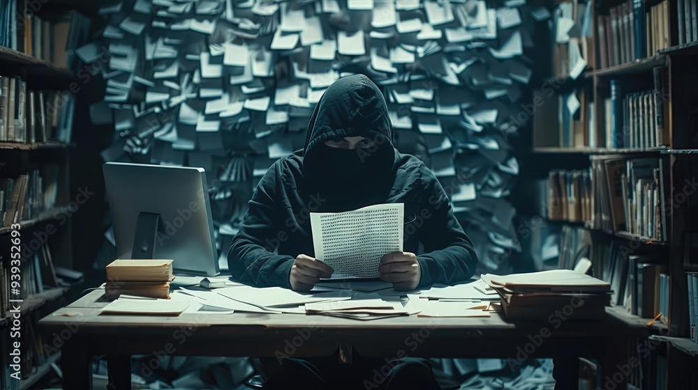 Aufkleber a hacker with a black hoodie sitting on a desk on his computer, in his hands a list witch passwords 