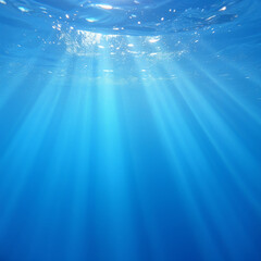Obraz premium Underwater view of sunlight rays penetrating the surface of a clear blue ocean