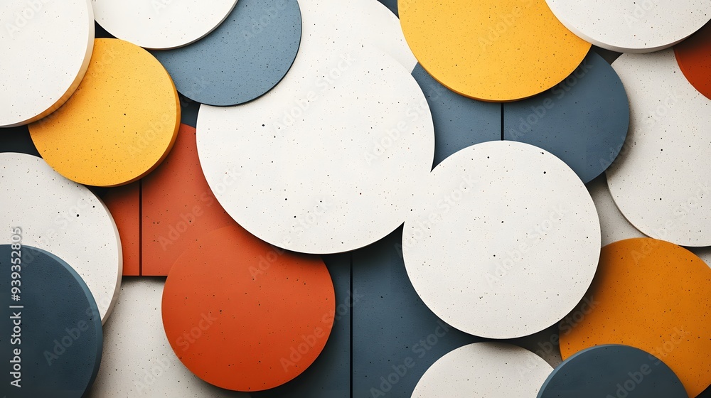 Poster 28. artistic 3d render of overlapping geometric shapes against a ceramic circle pattern