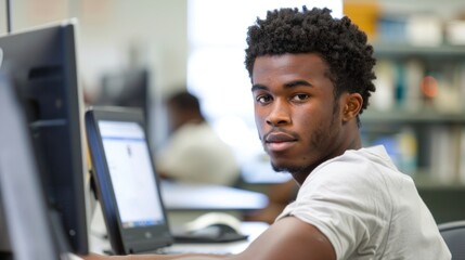 A community college student working on a computer in the lab