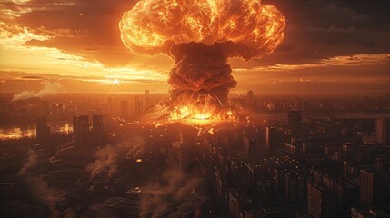 A massive mushroom cloud rises above the city, an apocalyptic atmosphere. The surrounding buildings have been destroyed by explosions and flames. Generative AI.