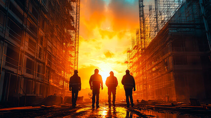 Fototapeta premium Busy Construction Site with Workers Assembling Commercial Building, Scaffolding, and Framework