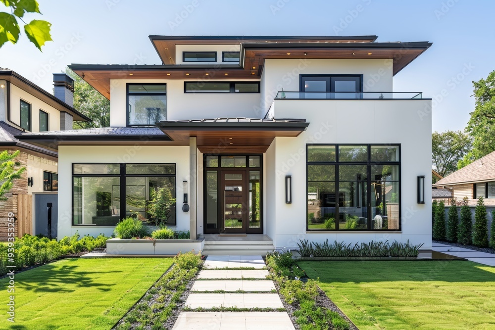 Wall mural A contemporary house featuring expansive windows and wooden elements, surrounded by a lush green garden lawn, basking under a bright and sunny sky.