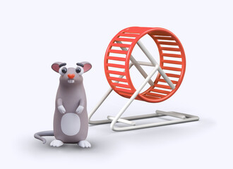 Funny rat is standing near running wheel. Concept of fitness, training for animals
