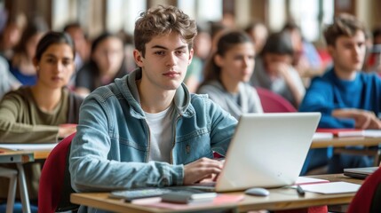 Fototapeta premium A college student working on a laptop during a lecture