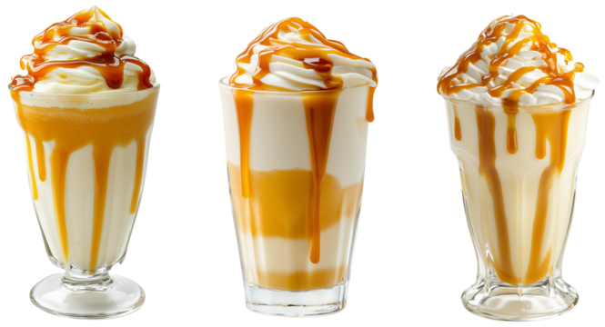 Caramel Swirl Milkshakes: Three decadent caramel milkshakes, each with a unique swirl and drizzle of rich caramel sauce, beckoning you to indulge in a sweet treat, isolated on transparent background.