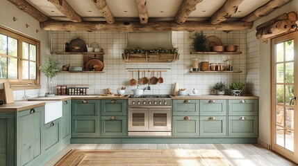 A green and beige rustic country kitchen with white tiles, an island and wood logs on ceiling. Generative AI.
