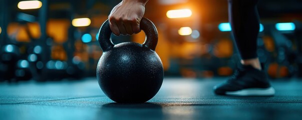 Closeup of a kettlebell being held by a person in a gym.