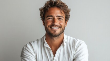 Obraz premium charismatic young man in smart casual attire confident pose with arms folded warm genuine smile studio portrait against clean white background