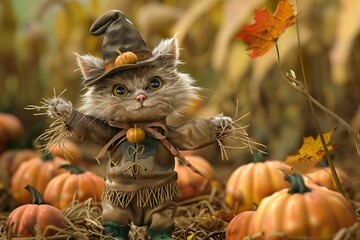 Festive 3D cartoon cat dressed as a scarecrow, standing in a pumpkin patch, created by ai
