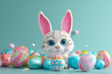Festive 3D cartoon cat with bunny ears, surrounded by Easter eggs, created by ai