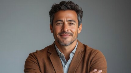 Obraz premium charismatic young man in smart casual attire confident pose with arms folded warm genuine smile studio portrait against clean white background