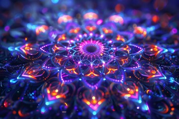Abstract 3D neon mandala with intricate patterns and glowing details , created ai