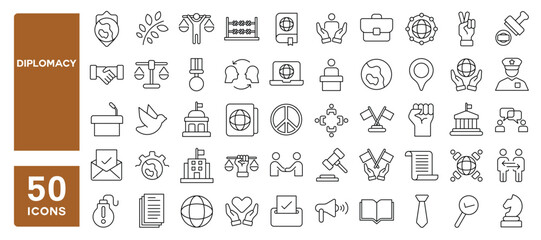 Set of 50 line icons related to diplomacy, diplomat, summit, political, international relations, ambassador, negotiation, embassy, consulate, Editable stroke. Vector illustration