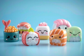 Cute cartoon style sushi rolls, different designs, 3D render,  created by ai