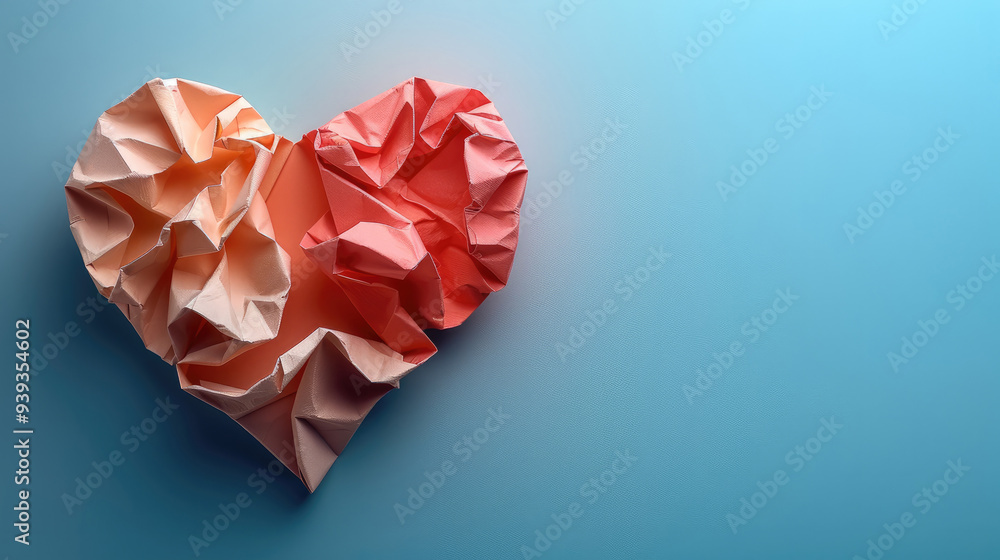 Poster A minimalistic composition featuring a folded paper heart centered on a pastel-colored background. top view. Generative AI.