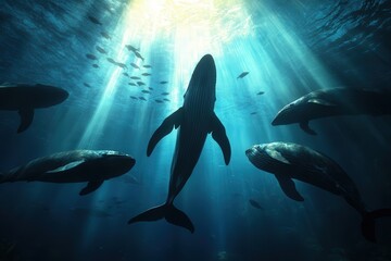 A captivating underwater scene featuring a pod of majestic whales swimming serenely amidst beams of sunlight, showcasing the beauty and tranquility of marine life.