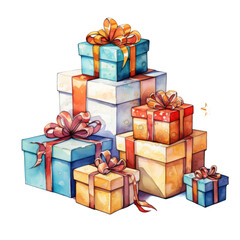 Fototapeta premium Stack of colorful gift boxes with ribbons and bows, isolated on a transparent background. Ideal for holiday promotions, retail displays, and event marketing. Perfect for businesses in retail, event 