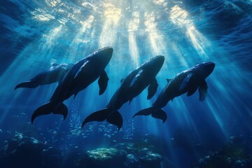 Obraz premium Mesmerizing scene of a whale group swimming cohesively in the deep blue ocean, illuminated by scattered sunlight rays, reflecting unity and grace within the marine ecosystem.