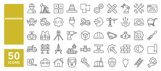 Set of 50 line icons related to engineering, construction, mechanical, industrial, construction, manufacturing, engineer, production, repair, robot, Editable stroke. Vector illustration