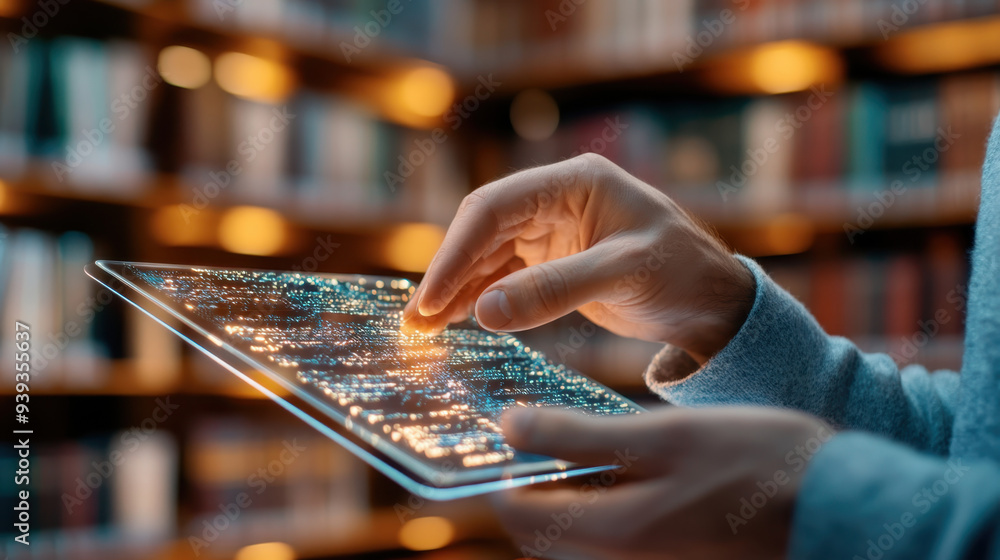 Poster person interacting with a futuristic tablet displaying digital information in a cozy library setting