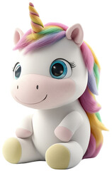 Rainbow Smiles: A whimsical 3D unicorn, radiating magic with its vibrant mane and endearing smile, sits patiently, isolated on transparent background.