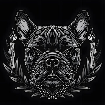 recommend clip art: French Bulldog Dog head angry chain and candles black and white illustration