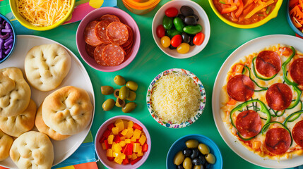 a DIY mini pizza station, featuring bowls of various toppings like pepperoni, cheese, bell peppers, and olives, with pre-made dough circles ready for kids to assemble. The setting includes a colorful 