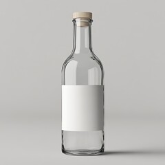 Fototapeta premium Clear glass bottle with wooden cap and blank white label on a gray background.