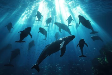 Fototapeta premium An enchanting underwater scene featuring many whales swimming together in the sunlit ocean depths, highlighting the beauty and interconnectedness of aquatic life in the ocean.