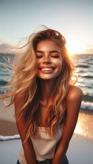 Naklejka premium Young blonde woman, smiling joyfully, eyes closed, hair blowing in the wind, golden sunset light, beach scenery, ocean waves in the background