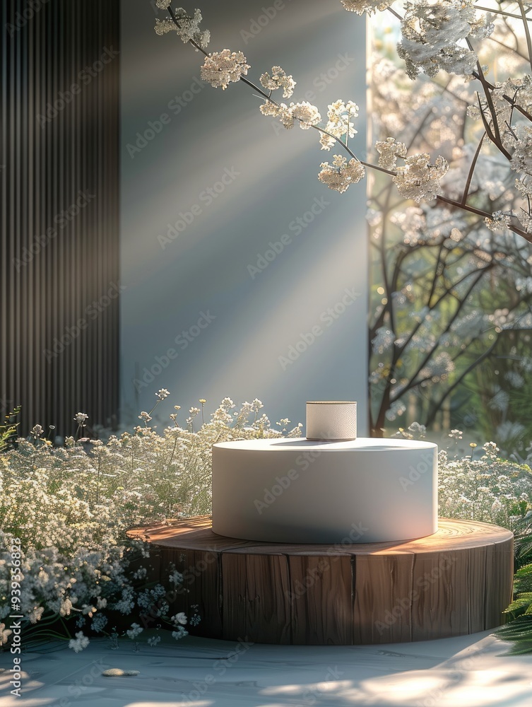 Poster a modern podium for product design against the backdrop of a white flower garden. generative ai.