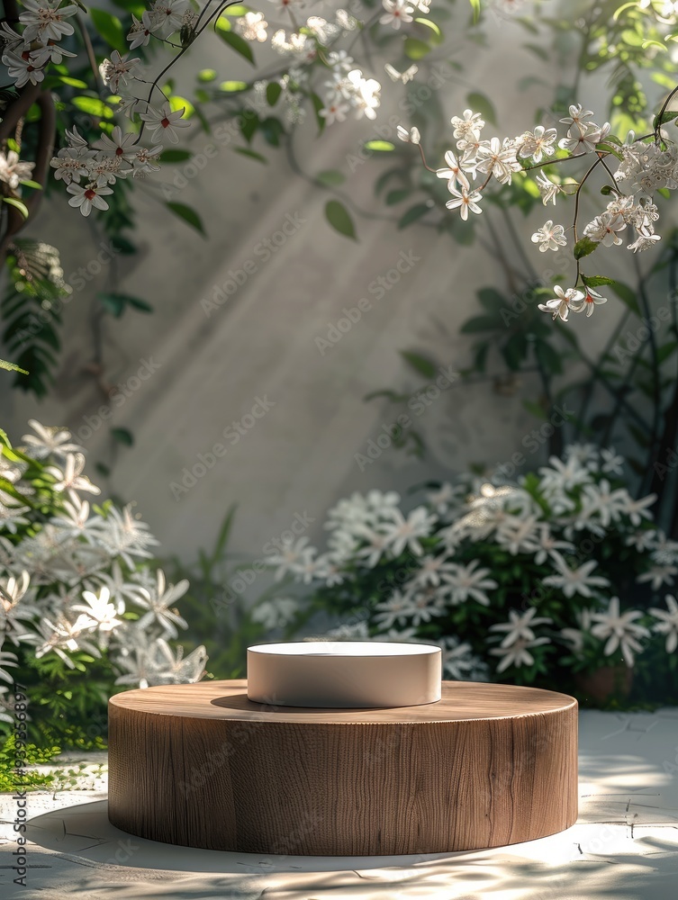 Aufkleber a modern podium for product design against the backdrop of a white flower garden. generative ai.