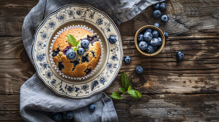 a gluten-free blueberry muffin, placed on a vintage plate with a linen napkin and a small bowl of fresh blueberries, set on a rustic wooden table