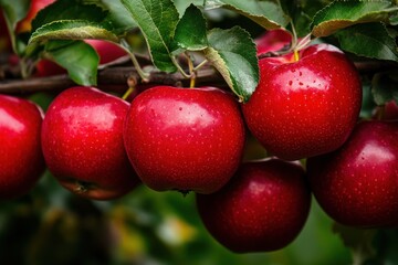A close-up photograph showcasing fresh, vibrant red apples hanging from a tree branch, highlighting their glossy texture and the lush green leaves in an orchard setting.