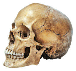 Fototapeta premium PNG Human skull displayed in a museum setting