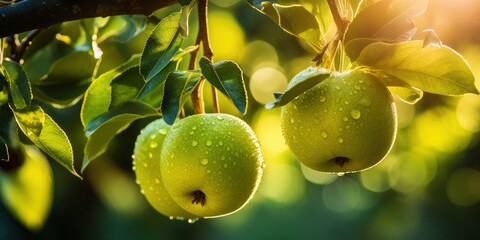 Green Apples on a Tree Branch with Water Drops