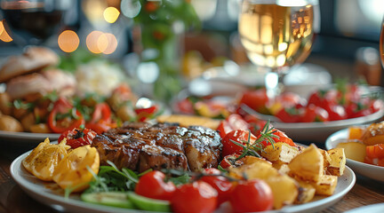 Fototapeta premium Delicious food on the table in a restaurant. Generative AI.