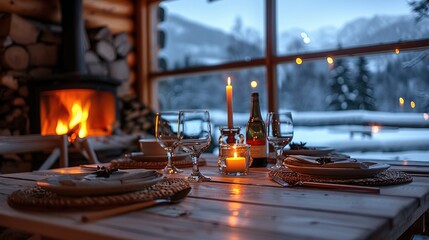 A romantic dinner in a charming, rustic cabin with a warm, glowing fireplace and a view of a snowy landscape outside. Generative AI.