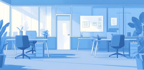 Fototapeta premium illustration of an office space with desks and chairs,workspace