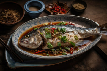 Perfectly Steamed Whole Fish Infused with Ginger Sauce and Aromatic Spices Gourmet Seafood Dish Highlighting Tender Texture and Flavors Ideal for Healthy Cooking and Culinary Photography