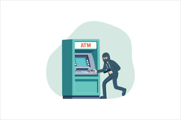 the thief stole money from an ATM. hacking the terminal to steal. Flat character illustration.