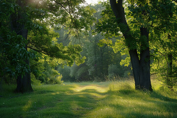 Obraz premium Serene forest path surrounded by lush green trees and soft sunlight filtering through the leaves