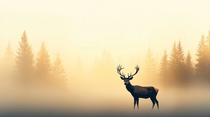 Naklejka premium Graceful Deer Silhouette with Intricate Antlers in a Dreamy Misty Forest Setting