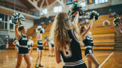 Cheerleaders mid-performance with pom-poms on the basketball court, adding excitement to the game